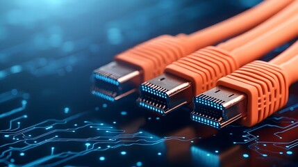 Poster - Close up of glowing RJ45 Ethernet cables set against a dark digital landscape filled with luminous data streams and intricate circuit patterns creating a futuristic high tech