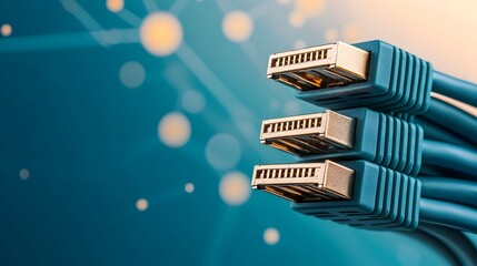 Poster - Glowing Blue RJ45 Ethernet Cables Emitting Bright Light on Digital Data Backdrop Representing Modern Networking and Connectivity Technology