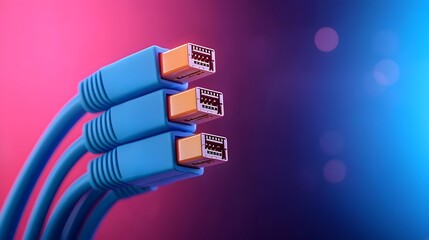 Poster - Macro close up of glowing blue RJ45 Ethernet cables sharply contrasted against a dark futuristic digital interface showcasing the intricate connections and technology of modern communication networks