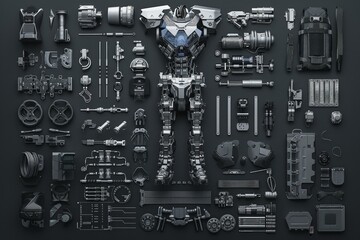Poster - 3d render of a futuristic robot lying disassembled on a grid pattern on black background