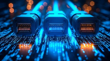 Leinwandbilder - Closeup view of RJ45 Ethernet cables with glowing blue light reflecting off the connectors set against a digital background with abstract data streams and technology elements