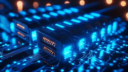 Leinwandbilder - Glowing Illuminated RJ45 Ethernet Cables in Blue Digital Background of Circuits and Grids Representing High Speed Data Transfer and Advanced Technology Infrastructure