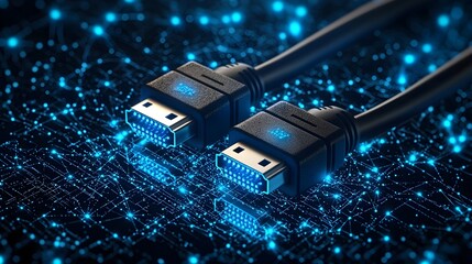 Aufkleber - Close up view of glowing Ethernet cables in a digital backdrop featuring abstract patterns and lines representing the concept of data connectivity digital communication