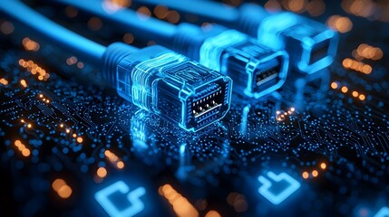 Macro view of glowing blue RJ45 Ethernet connectors against a dynamic digital background with swirling light effects and data symbols  Futuristic