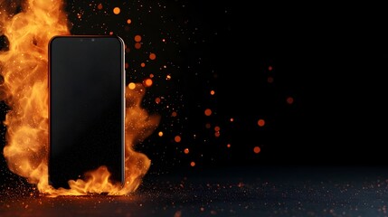 Aufkleber - Close up view of a smartphone bursting into flames with sparks flying and a dynamic digital background filled with captivating light effects and soft bokeh blending