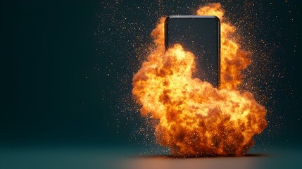 Aufkleber - Dramatic close up image showcasing a fiery burst erupting from a smartphone with vibrant sparks and flames exploding outward against a dynamic tech inspired background with dreamy