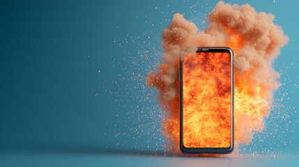 Poster - Dramatic fiery burst exploding outward from a smartphone with vibrant sparks and flames dancing against a dynamic tech inspired background filled with dreamy shimmering bokeh  A visually striking