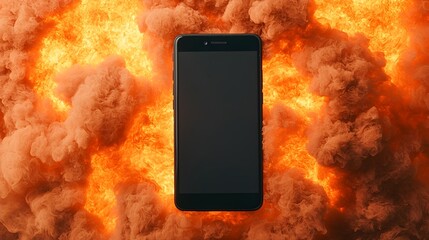 Aufkleber - Close up view of an exploding smartphone with a fiery burst flickering flames and scattered sparks merging with a glowing dreamy digital backdrop for a striking technological disaster scene