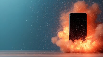 Poster - Dramatic close up view of a smartphone exploding with a burst of intense flames fiery sparks and a dreamy blurred digital backdrop creating a powerful and unsettling visual effect
