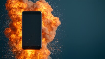 Aufkleber - Fiery explosion of a smartphone close up flames and glowing sparks creating a surreal technological disaster scene with a dreamy bokeh and digital background