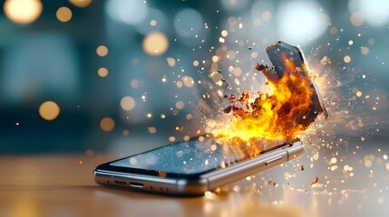 Poster - Close up view of a smartphone device breaking apart amidst an intense burst of digital flames glowing sparks and a dreamy overlaying bokeh effect creating a dynamic and surreal scene