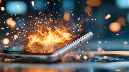 Aufkleber - Intense close up of a smartphone bursting into flames with fiery sparks and a dreamy blurred digital backdrop conveying a sense of high energy technology and danger