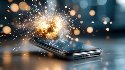 Poster - Dramatic fiery explosion of a smartphone with bursting sparks and flames set against a fast paced blurred digital technology backdrop with glowing bokeh lights