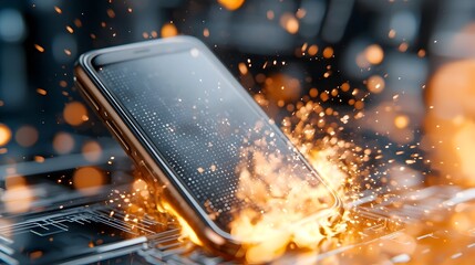 Poster - Smartphone device consumed by intense flames and dramatic sparks merging with a high tech digital background filled with dynamic motion and energy