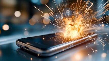 Aufkleber - Close up view of a smartphone engulfed in a fiery explosion with sparks shooting out and blending into a dreamlike fast moving digital backdrop full of abstract visual elements
