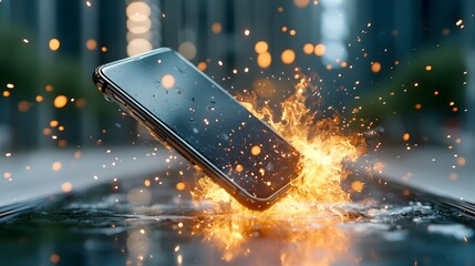 Aufkleber - A smartphone breaking apart in a dramatic burst of flames intense fire and sparks with a dreamy layered bokeh background pulsing with vibrant digital energy