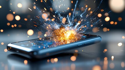 Aufkleber - Fiery and dramatic close up explosion of a smartphone device with glowing sparks and flames flying through the air mixing with a dreamy futuristic digital landscape in the background