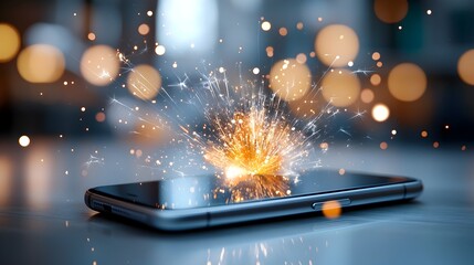 Poster - Fiery explosion of a smartphone in close up with glowing sparks flying through the air and a dynamic digital landscape in the background  The image has a dreamy bokeh filled