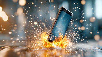 Aufkleber - Dramatic digital disruption with a smartphone on fire sparks flying and a motion filled dreamy bokeh background creating a sense of dynamic energy and chaos