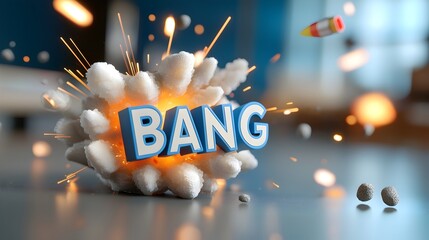 Fototapete - Bold and striking 3D text saying  Bang  surrounded by a vibrant comic book style explosion with dynamic lines bright colors and fiery bursts creating a powerful and energetic visual composition