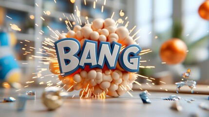 Close up of a bold three dimensional comic book style text surrounded by a dynamic energy filled explosion of bright vibrant colors and fiery sparks creating an intense dramatic visual scene