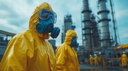 Refinery workers in protective gear operate diligently, highlighting safety protocols and human involvement in fuel processing facilities.