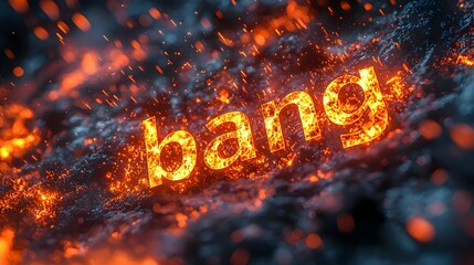 Fototapete - Close up of bold 3D text saying bang surrounded by a vibrant comic book style explosion with bright colors dynamic lines fiery bursts and sparks