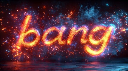 Fototapete - Powerful and Bold 3D Text bang Centered in a Dynamic and Vibrant Fiery Comic Style Explosion with Striking Motion Lines Creating an Intense and Energetic Action Scene