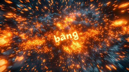 Fototapete - Intense 3D Text Bang Erupting in Fiery Comic Book Style Explosion with Vibrant Dynamic Motion Lines and Bright Colorful Bursting Graphics