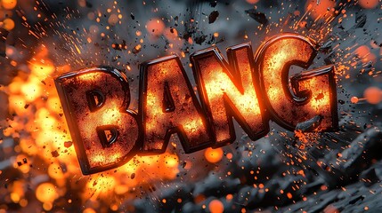Fototapete - Explosive 3D Text Bang in Vibrant Colorful Comic Book Style Background with Bursting Fire Smoke and Sharp Dynamic Lines Creating a High Energy Scene