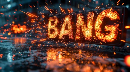 Fototapete - Striking 3D Bang text with vibrant colorful comic book inspired explosive fiery bursts dynamic motion lines and intense energy   a visually impactful graphic design or special effects element