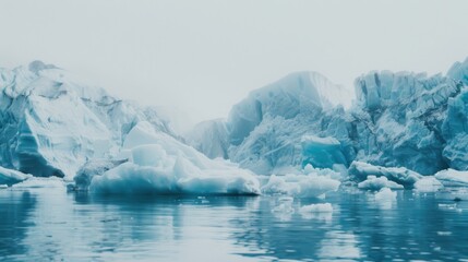 Poster - A dramatic view of the stunning glacier formations and icy blue waters of Greenland with stark white icebergs and rugged landscapes, polar setting with bright whites and icy blues, Greenland style