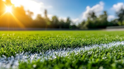 Poster - Serene and Inviting Lush Green Sports Turf with Bright White Lines and Warm Rimlight Creating a Captivating Field Landscape