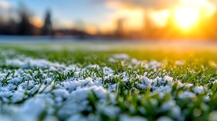 Poster - Crisp white field lines contrasting against the vibrant green grass with a warm golden rimlight highlighting the texture and creating a glowing minimalist aesthetic in this close up shot