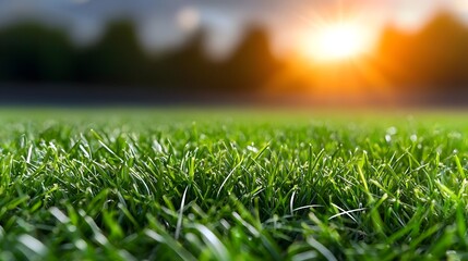 Poster - Vibrant green grass field with crisp white lines creating a captivating geometric pattern highlighted by a warm golden rimlight that enhances the textural details
