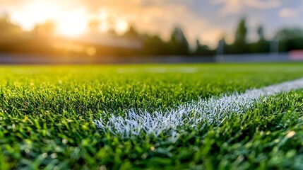 Poster - Detailed sports field with close up focus on white lines and green grass glowing under the soft golden rimlight a peaceful and serene natural scene