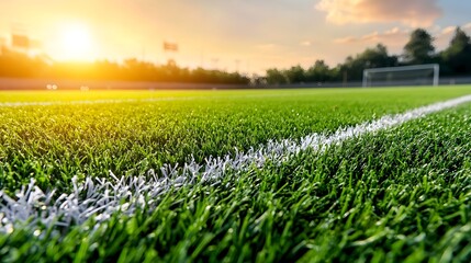 Aufkleber - Closeup view of a vibrant green sports field with sharp white lines and a warm golden rimlight adding a rich glowing texture to the athletic playing surface