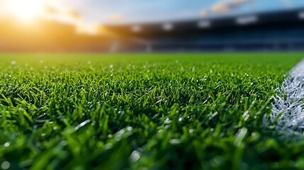 Poster - Closeup of a lush verdant sports field with crisp white boundary lines and a warm golden rim lighting that adds a rich vibrant texture to the scene