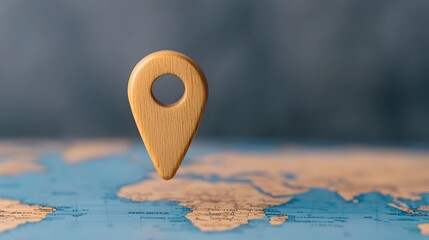 Close up view of a glowing blue navigation pin on a world map with radiating lines emphasizing global travel tracking and data connectivity for business and transportation planning