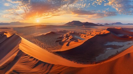 Aufkleber - A dramatic view of the vast dunes of the Namib Desert with shifting sand patterns and a vibrant sunrise casting long shadows, desert setting with warm oranges and reds, Namib style