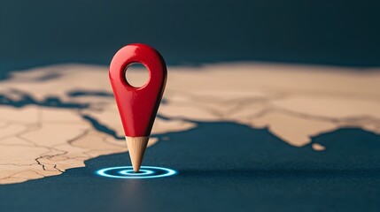 Poster - Close up view of a glowing blue navigation pin on a world map with radiating lines highlighting global travel tracking and data analytics for business strategy and logistics
