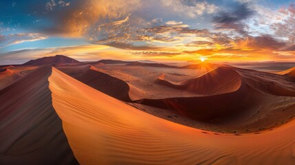 Aufkleber - A dramatic view of the vast dunes of the Namib Desert with shifting sand patterns and a vibrant sunrise casting long shadows, desert setting with warm oranges and reds, Namib style