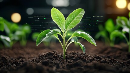 Aufkleber - Futuristic smart farming scene with corn seedlings surrounded by digital infographics showcasing the benefits of precision agriculture technologies for sustainable and efficient farming practices
