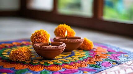 Wall Mural - Indian Happy Diwali Clay lamps and marigold flowers on a colorful rangoli design, Diwali festival of lights, symbolic decor