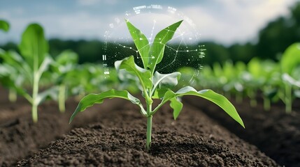 Aufkleber - Innovative smart farming setup featuring corn seedlings and digital infographics