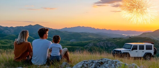 Families gathered on a hillside watching in awe as a spectacular fireworks display illuminates the night sky above the horizon  Vibrant bursts of color and light create a mesmerizing for all to enjoy