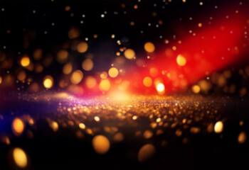 Poster - A black background with out of focus gold and amber circles scattered randomly across the image. There is a layer of glitter at the bottom of the image.