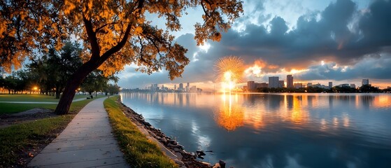 Poster - Dramatic and colorful firework display lighting up the night sky over a serene and calm lake with mesmerizing reflections of the sparkling pyrotechnics on the tranquil water surface