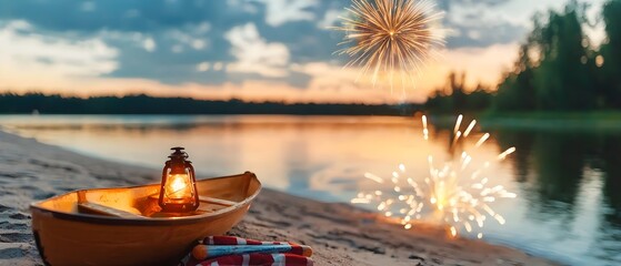 Poster - Dramatic firework display lighting up the night sky over a calm lake with vivid reflections of the colorful explosions on the still water surface creating a serene and scene