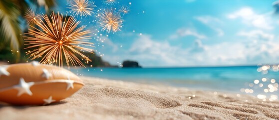 Poster - Breathtaking Fireworks Display Lighting Up the Serene Oceanic Landscape During a Lively Seaside Festival